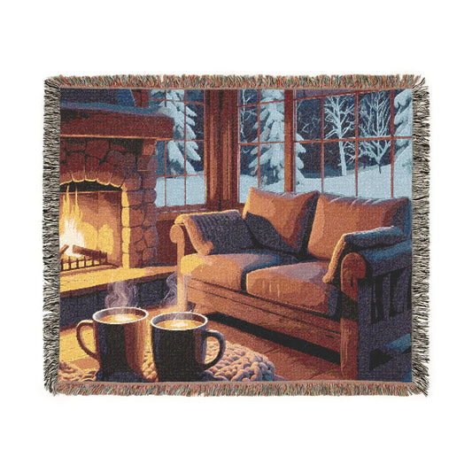 Cozy Fireplace Woven Blanket – Warm Cabin Living Room Throw