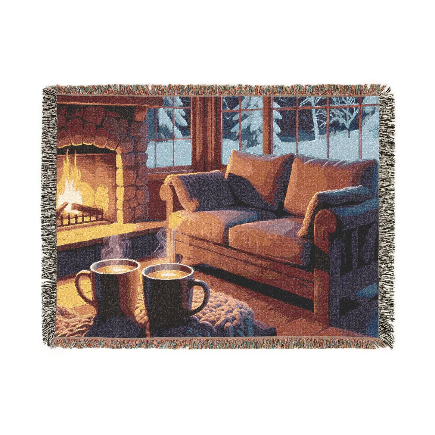 Cozy Fireplace Woven Blanket – Warm Cabin Living Room Throw