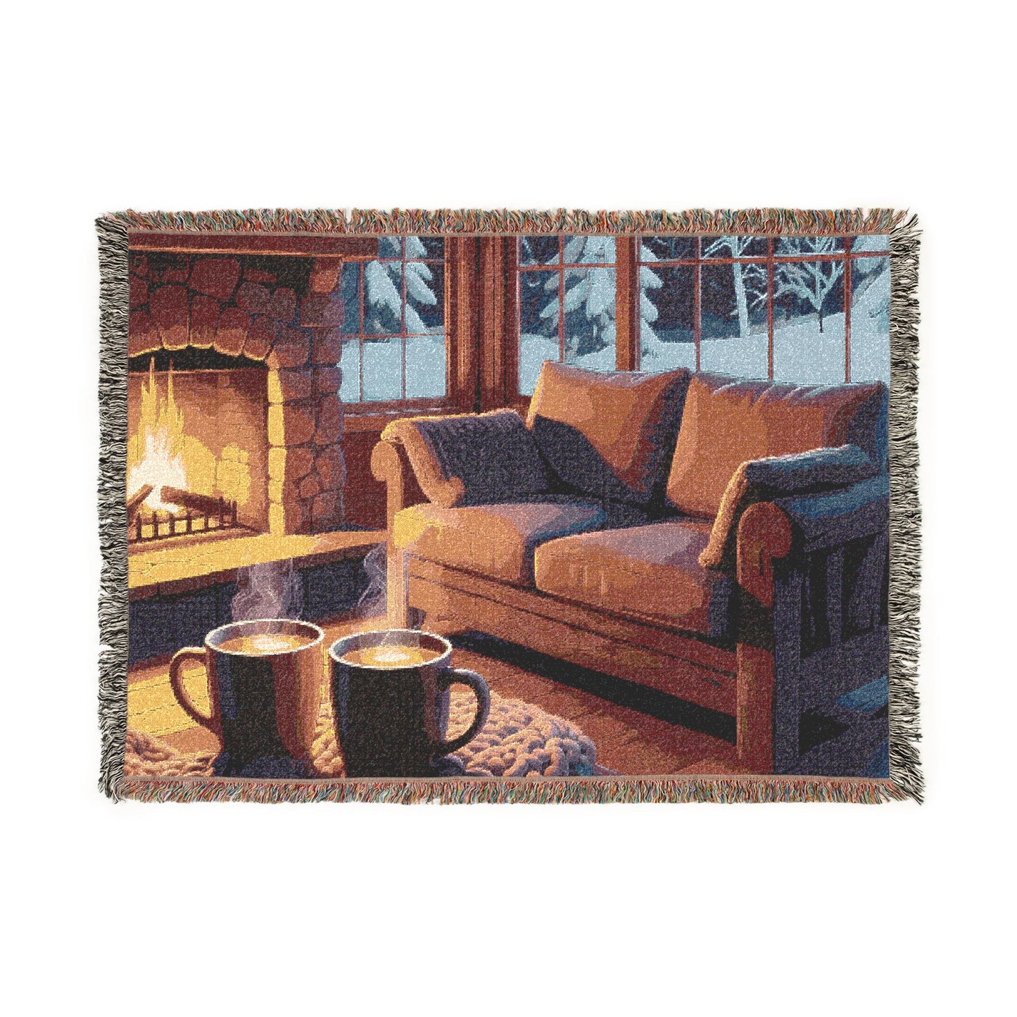 Cozy Fireplace Woven Blanket – Warm Cabin Living Room Throw
